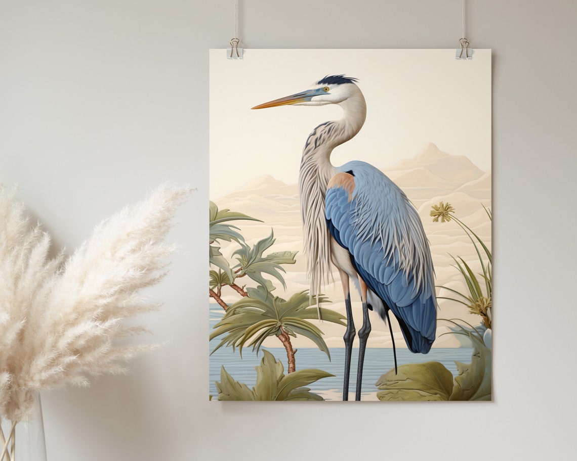 Great Blue Heron Standing Among Tropical Leaves Vintage Poster - Image 2