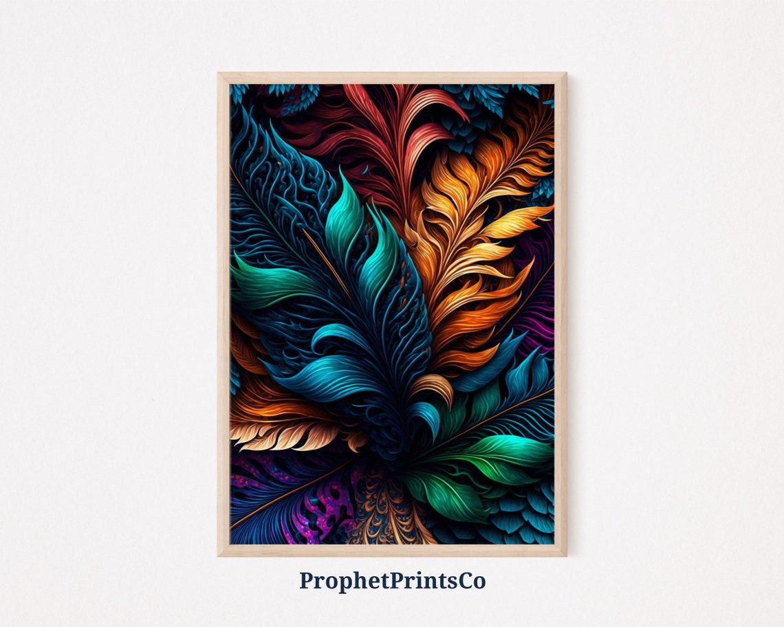 Colorful Feather Plumes on Dark Background Vibrant Art Poster
