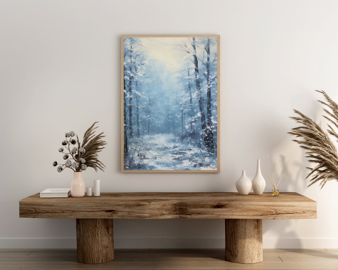 Snowy Winter Forest Oil Painting Soft Blue Snowfall Path Poster - Image 3