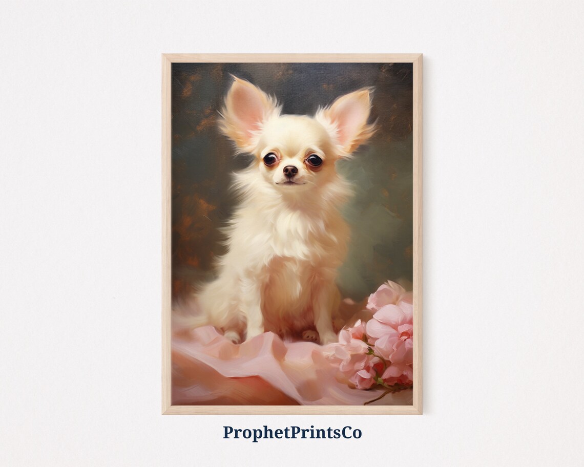 White Chihuahua With Pink Roses Elegant Floral Dog Portrait Poster