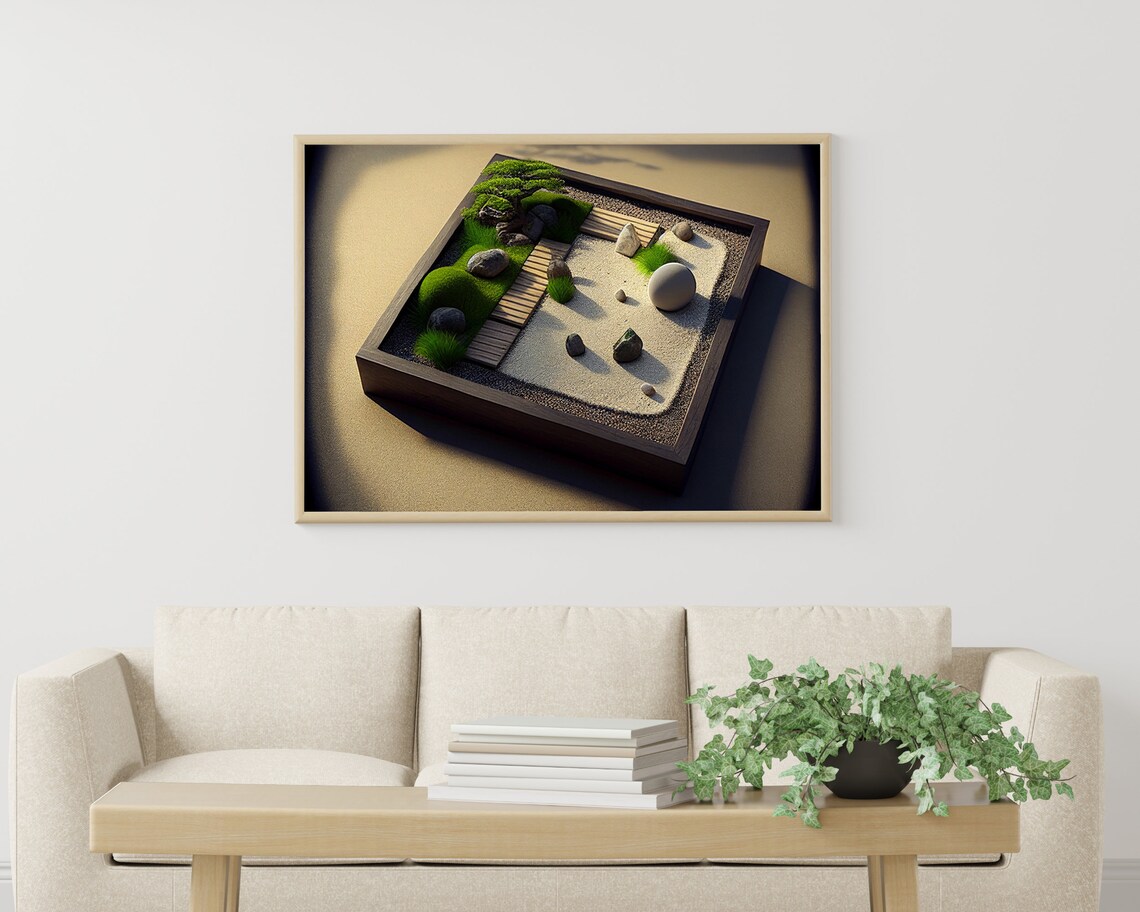 Miniature Tabletop Zen Garden Box With Moss And Wood Bridge Poster - Image 3