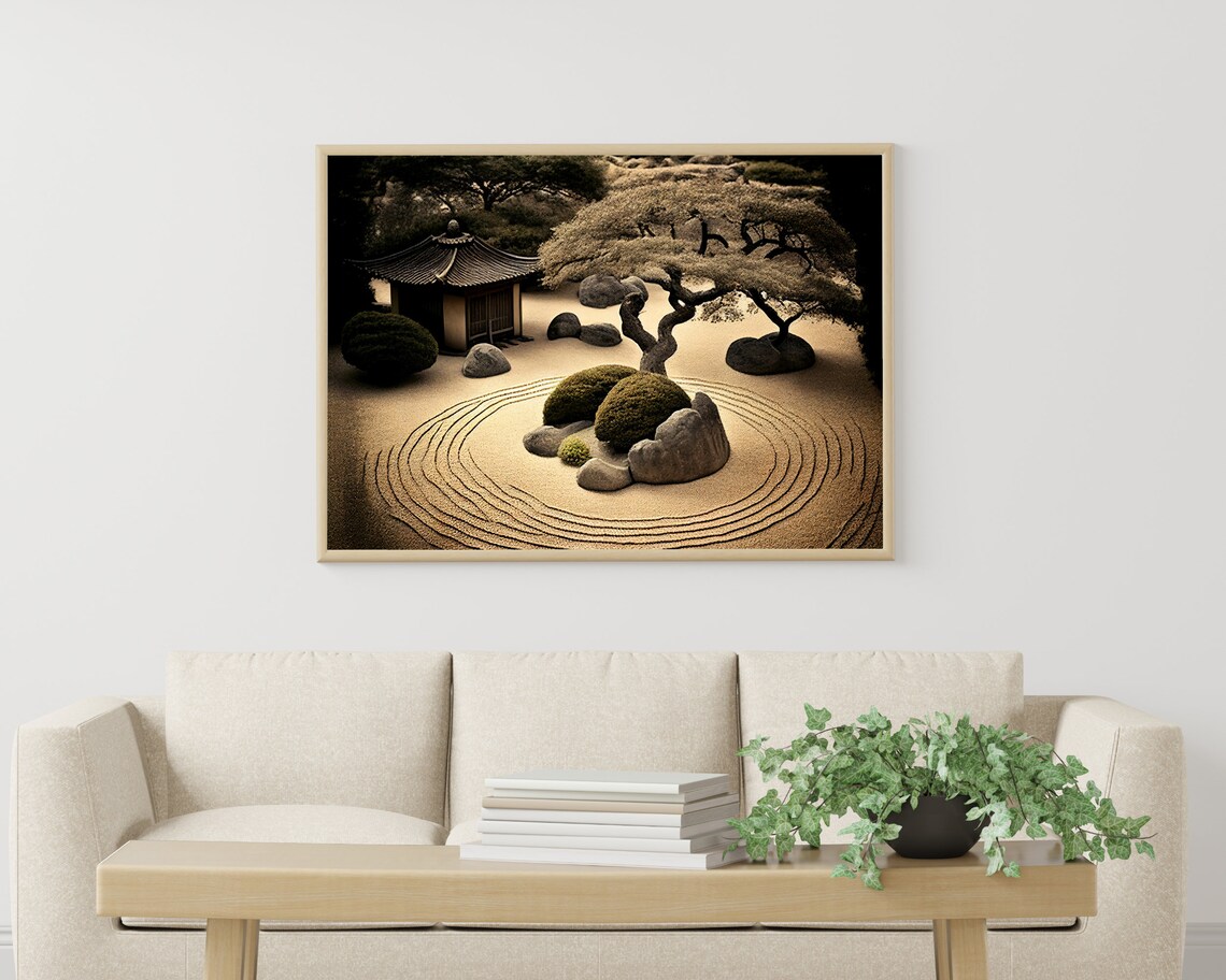 Japanese Zen Garden With Pagoda Pine Trees And Raked Sand Poster - Image 3