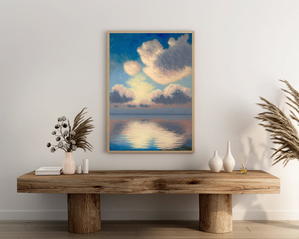 Serene Soft Pastel Clouds Reflected on Calm Morning Sea Poster - Image 3