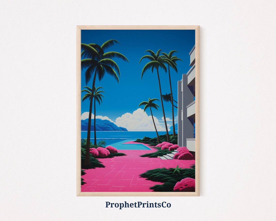 Poolside Palm Trees Pink Patio Japanese City Pop Retro Art Poster