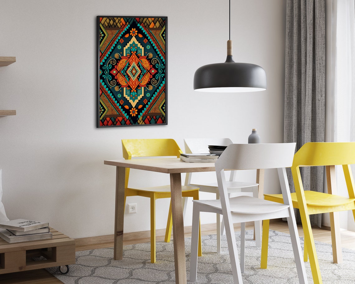 Symmetrical Geometric Diamond Mandala Tribal Style Art Poster - Image 2
