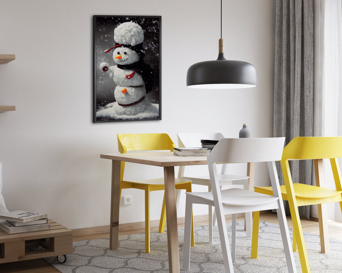 Snowman in Red Scarf Black Coat Night Snowfall Christmas Poster - Image 2