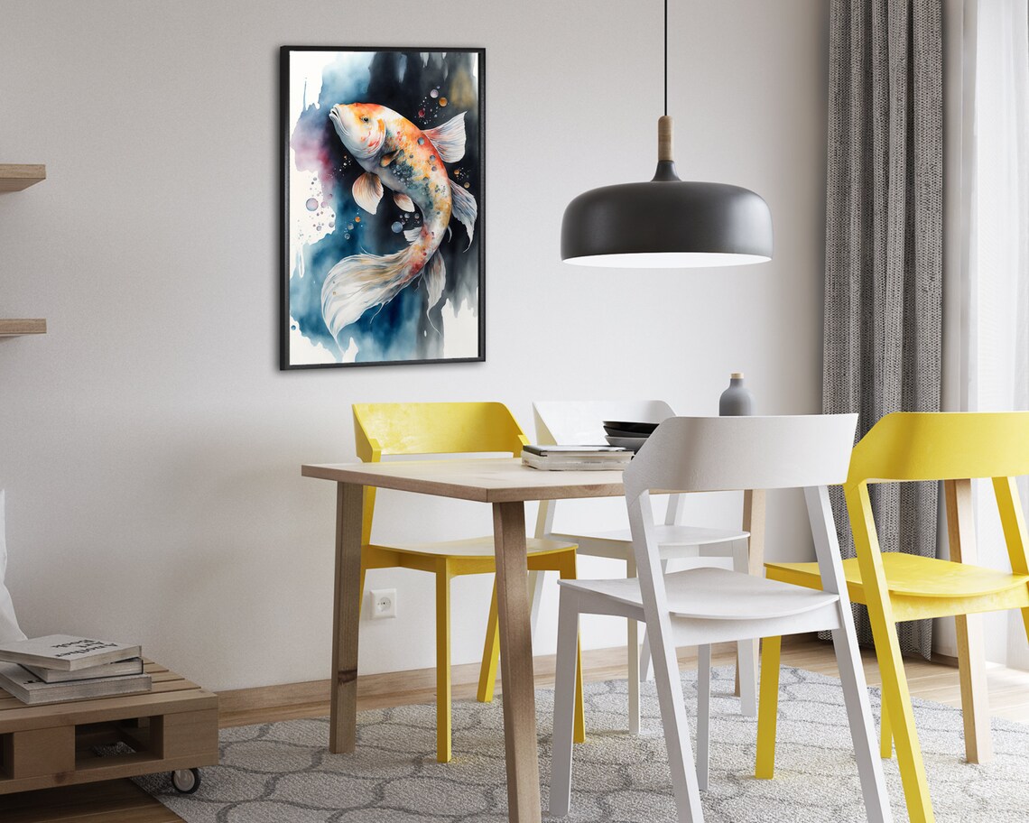 Koi Fish Watercolor Flowing White Fins Dark Ink Wash Art Poster - Image 2