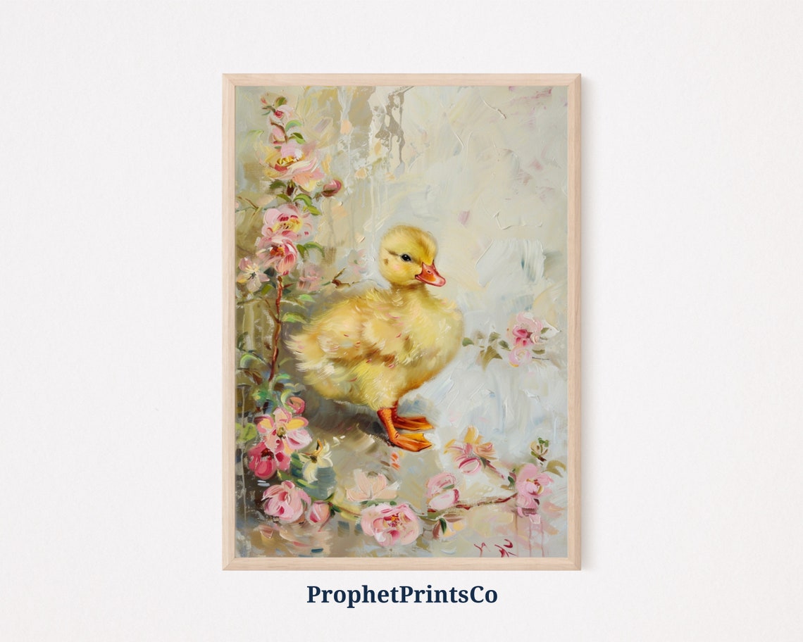 Cute Duckling Pink Blossoms Soft Oil Painting Spring Nursery Poster