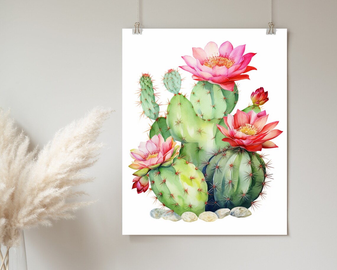 Blooming Cactus Pink Flowers Watercolor Botanical Art Poster - Image 2