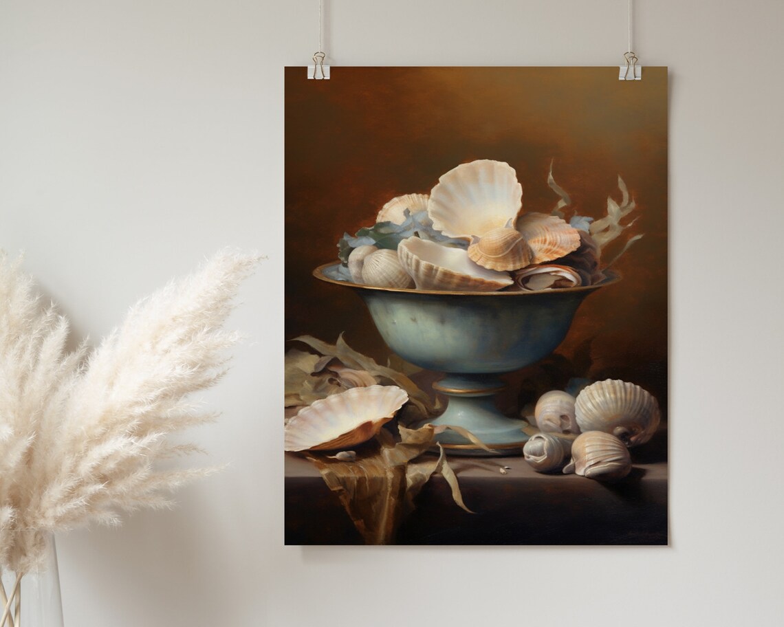 Seashell Bowl Blue Grey Footed Bowl Moody Still Life Art Poster - Image 2