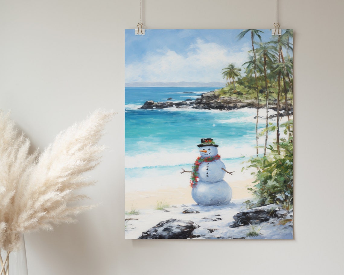 Snowman Tropical Beach Palm Trees Turquoise Holiday Christmas Poster - Image 2