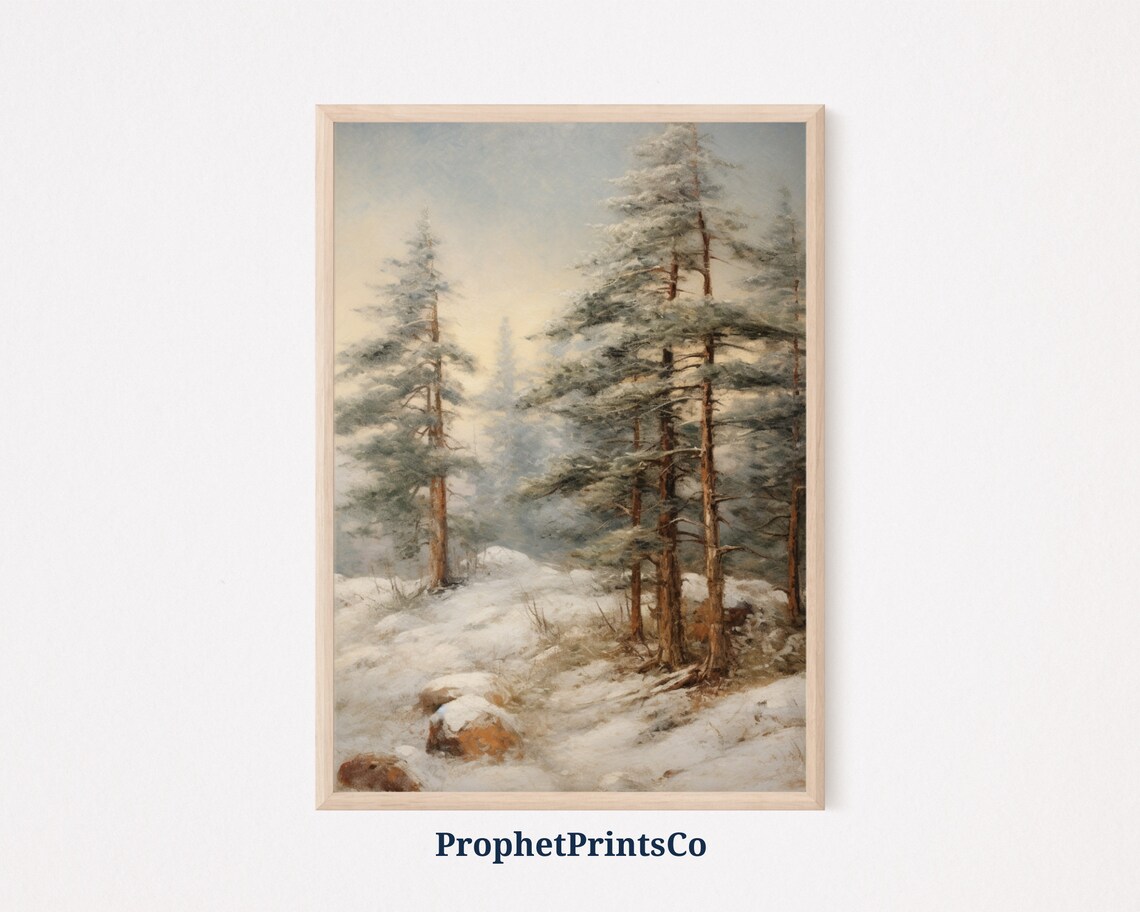 Misty Snowy Pine Forest Golden Morning Light Winter Painting Poster