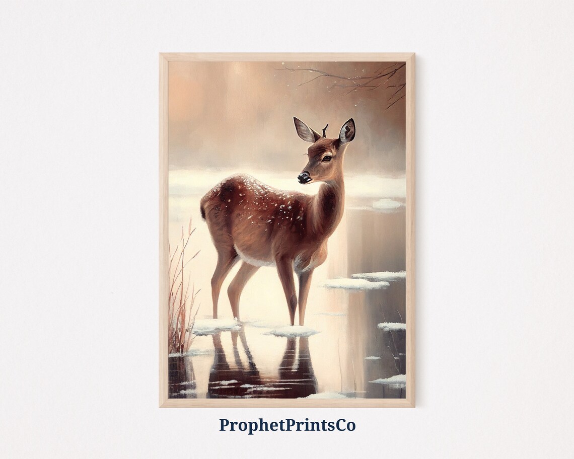 Graceful Doe on a Frozen Winter Lake Oil Painting Wildlife Poster