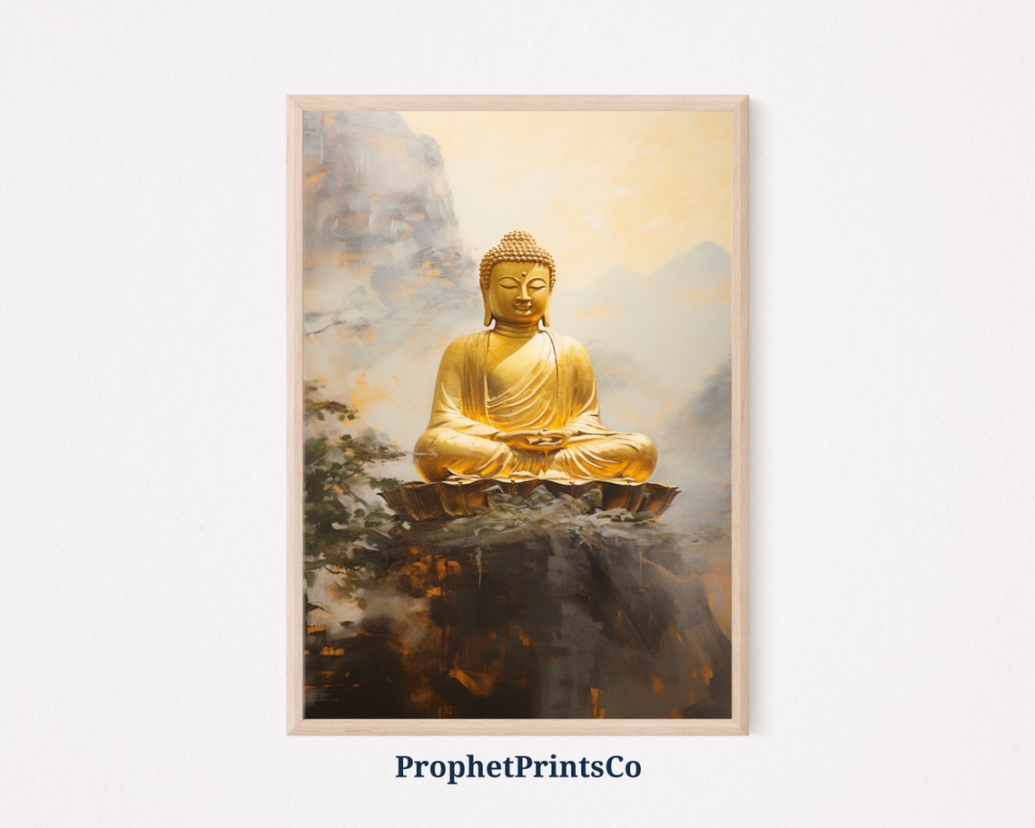 Golden Buddha Meditating Rock Misty Mountains Painting Poster