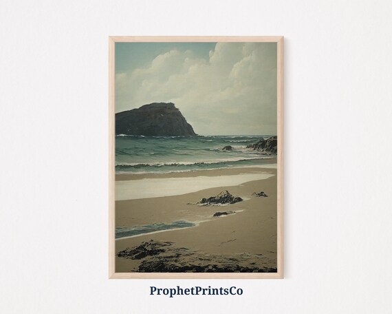 Muted Rocky Beach Cliffs Vintage Oil Painting Coastal Scene Poster