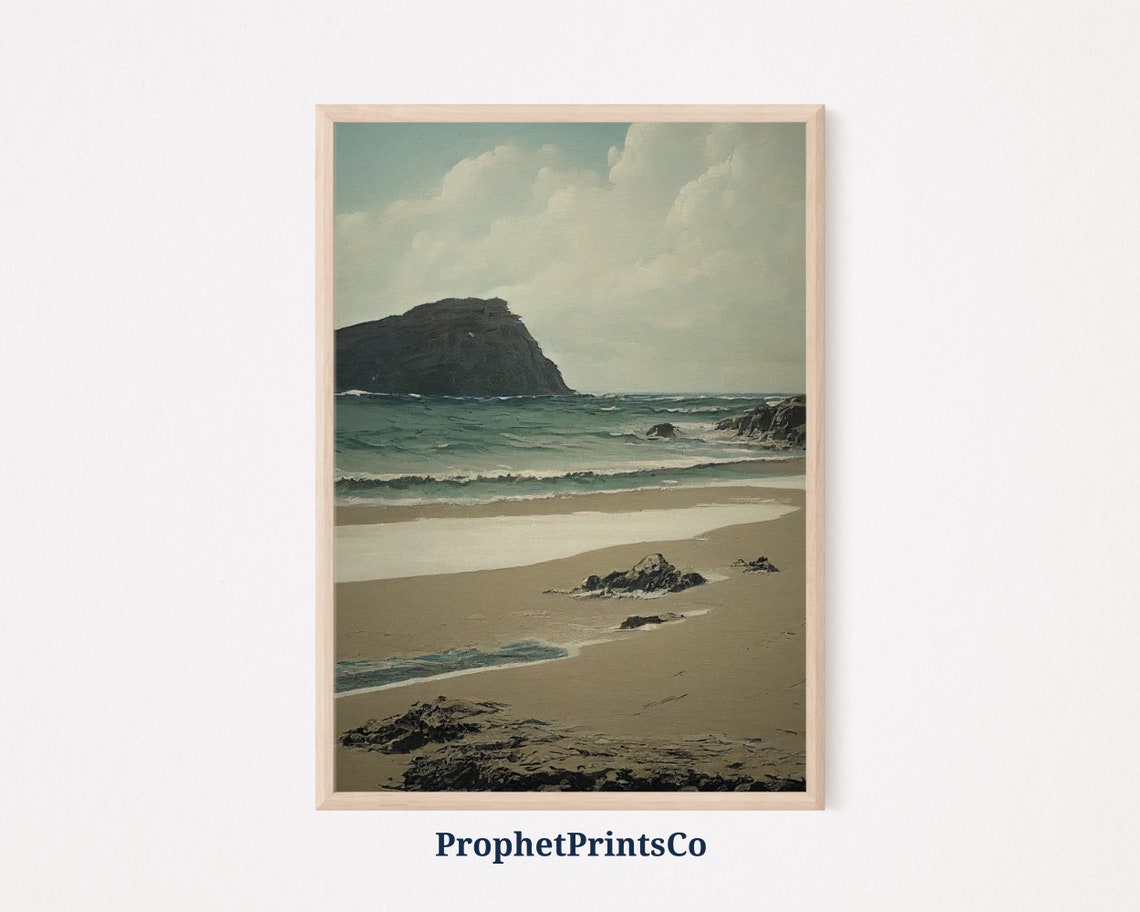 Muted Rocky Beach Cliffs Vintage Oil Painting Coastal Scene Poster