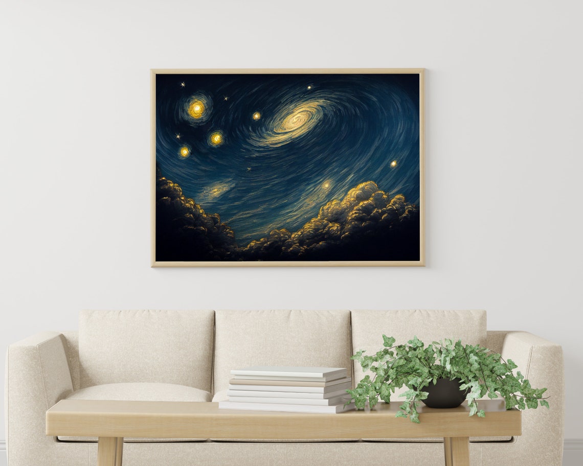 Starry Night Swirling Galaxy Over Golden Clouds Celestial Poster - Image 3
