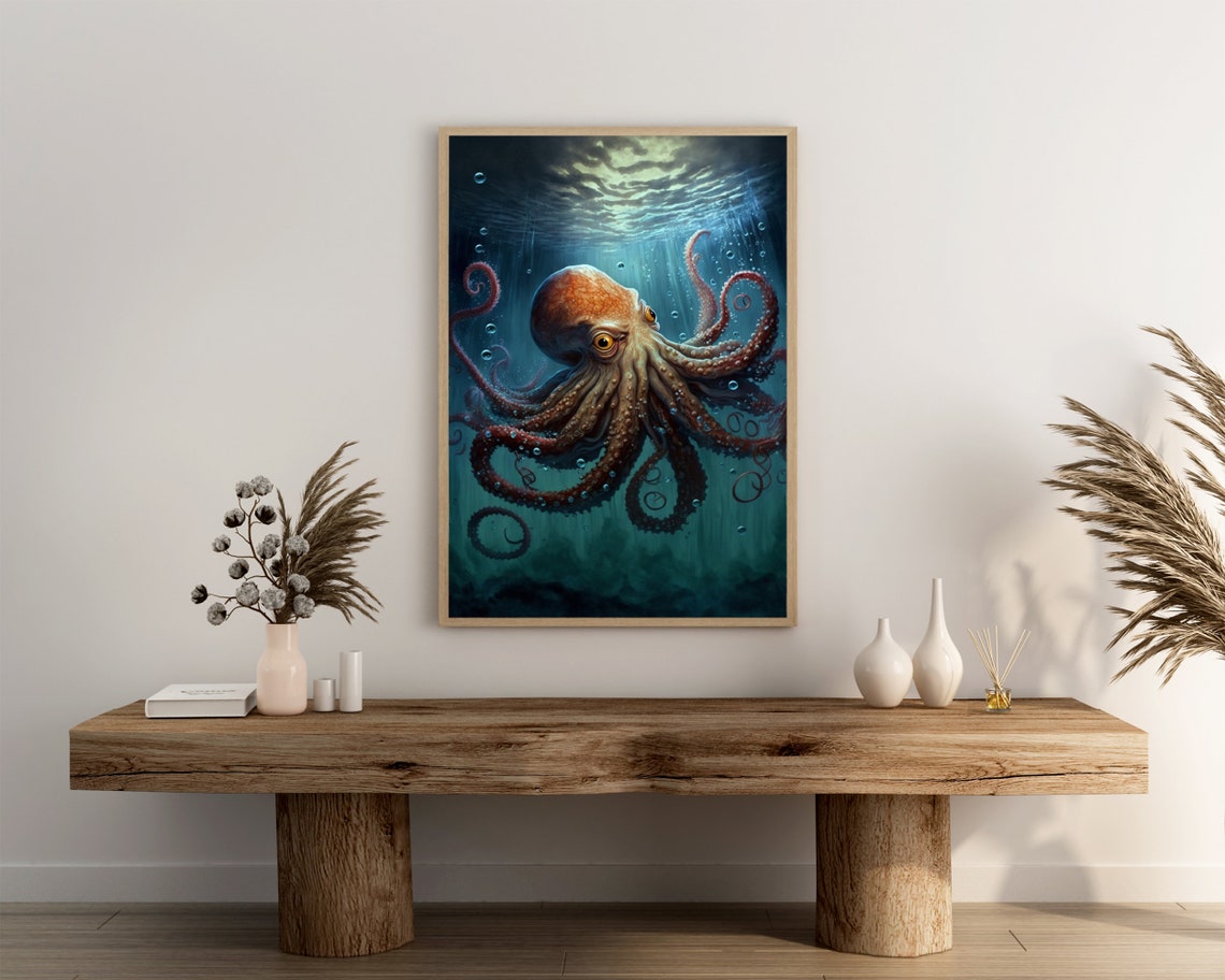 Orange Octopus Poster Rising Through Bubbles in Deep Teal Ocean - Image 3