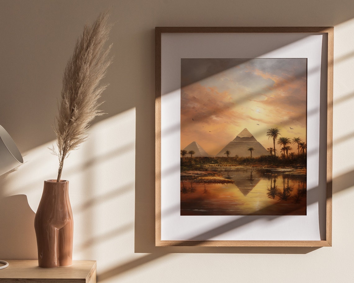 Giza Pyramids Sunset Palms Reflection Oil Painting Egypt Poster - Image 4