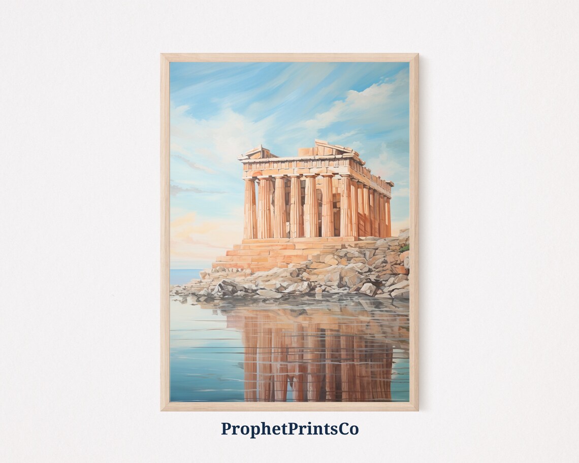 Parthenon Ancient Greek Temple Watercolor Seaside Reflection Poster