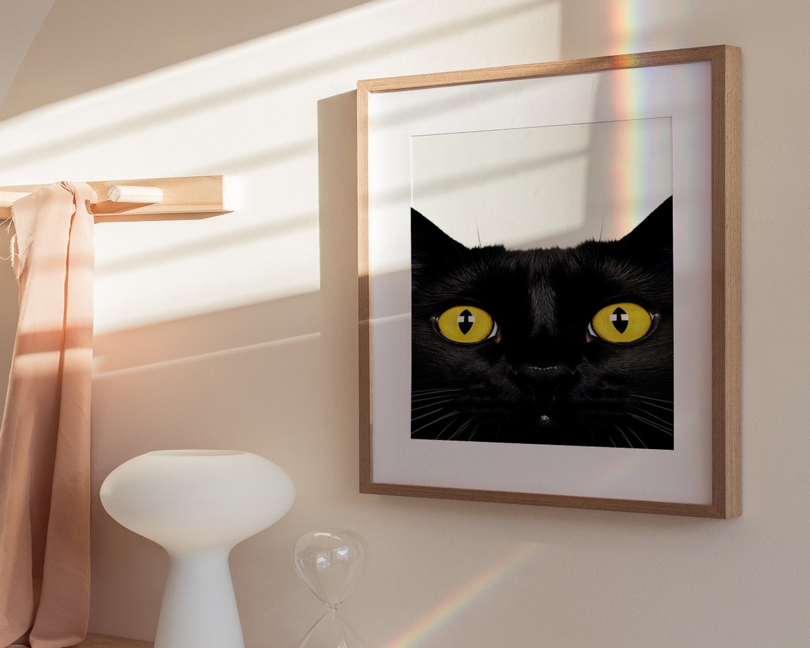 Funny Black Cat With Yellow Eyes Peeking Minimalist Art Poster - Image 3