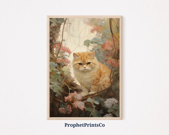 Ginger Cat Among Pink Blossoms Vintage Botanical Feline Oil Painting Poster