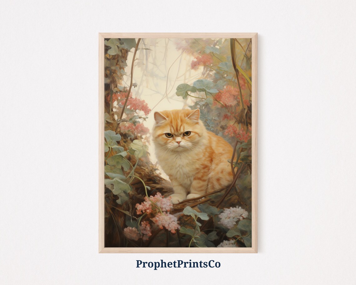 Ginger Cat Among Pink Blossoms Vintage Botanical Feline Oil Painting Poster