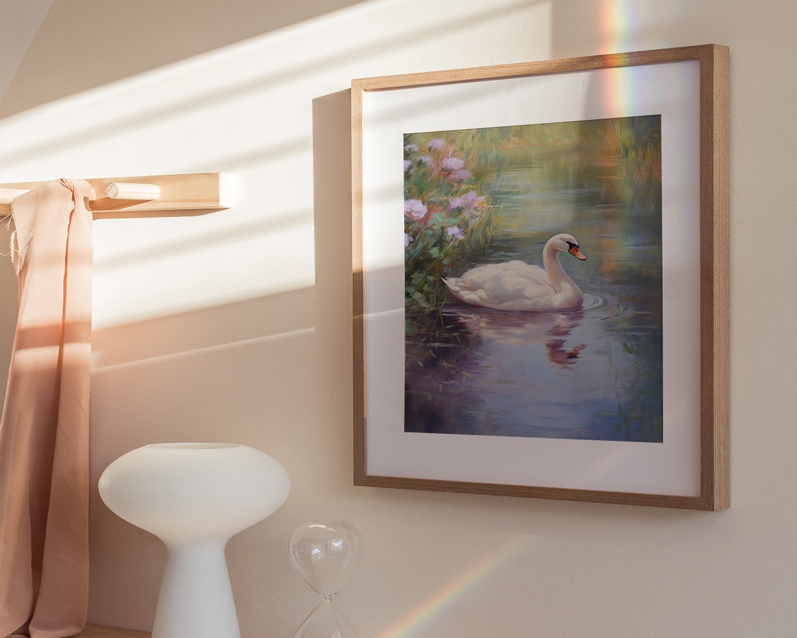 White Swan Pink Flowers Serene Lake Classical Painting Wall Poster - Image 3