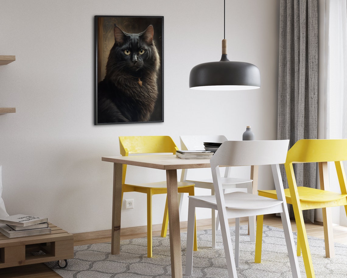 Fluffy Black Cat Portrait With Amber Eyes Dark Moody Art Poster - Image 2