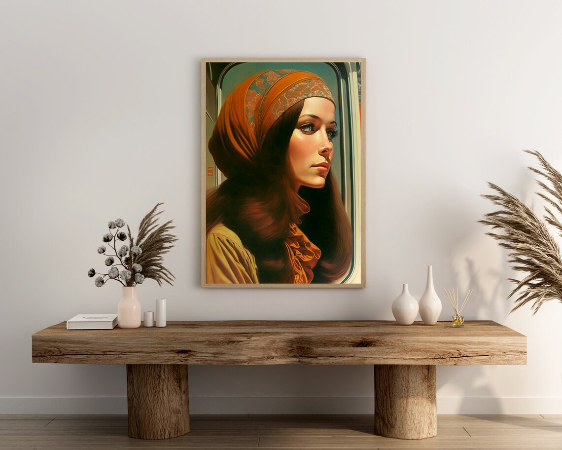 Retro 70s Woman in Orange Headscarf Profile Portrait Art Poster - Image 3