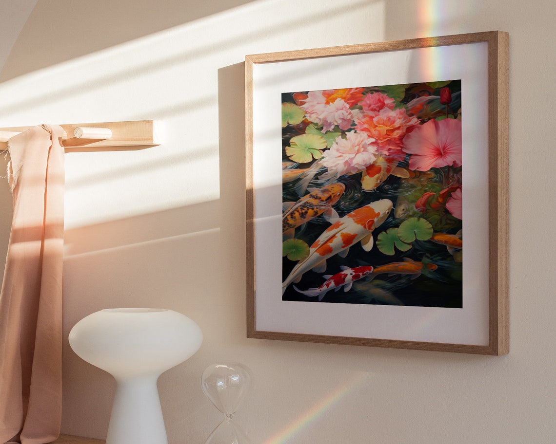 Koi Fish Swimming Beneath Soft Pink Lotus Blossoms Art Poster - Image 3