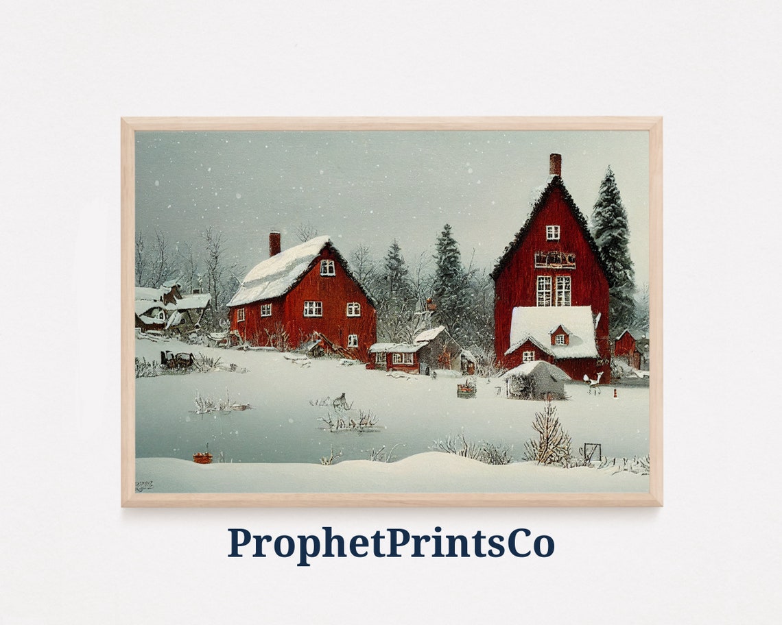 Red Scandinavian Barns in Snow Vintage Winter Landscape Poster