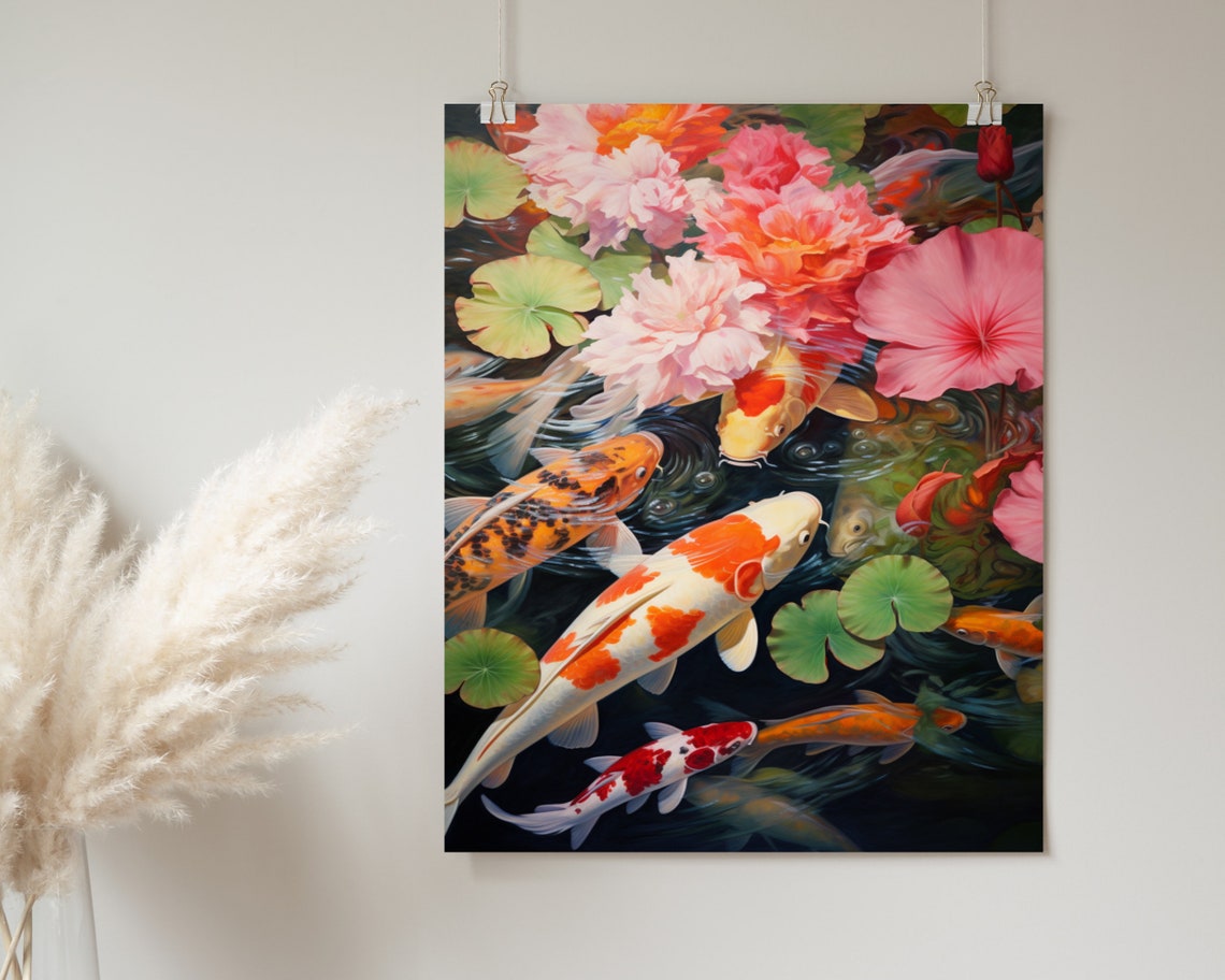 Koi Fish Swimming Beneath Soft Pink Lotus Blossoms Art Poster - Image 2