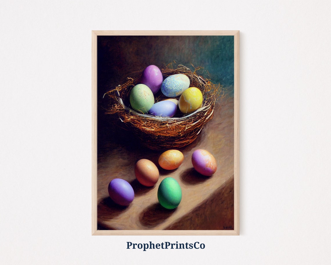 Colorful Easter Eggs in a Bird Nest Still Life Oil Painting Poster