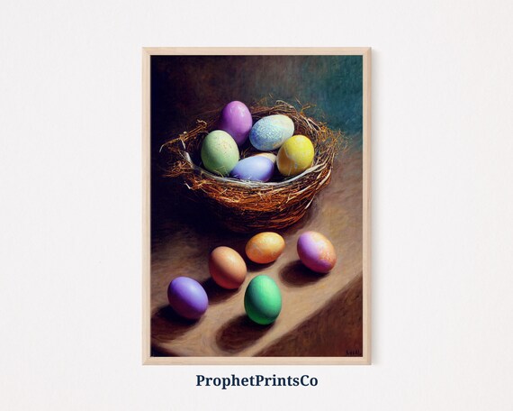 Colorful Easter Eggs in a Bird Nest Still Life Oil Painting Poster