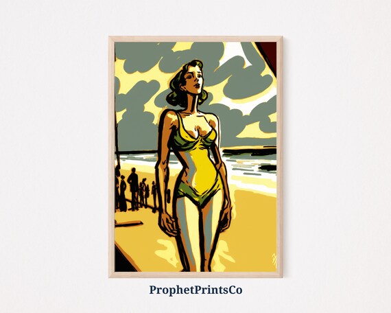 Woman In Yellow Swimsuit Walking On Beach Retro Pop Art Poster