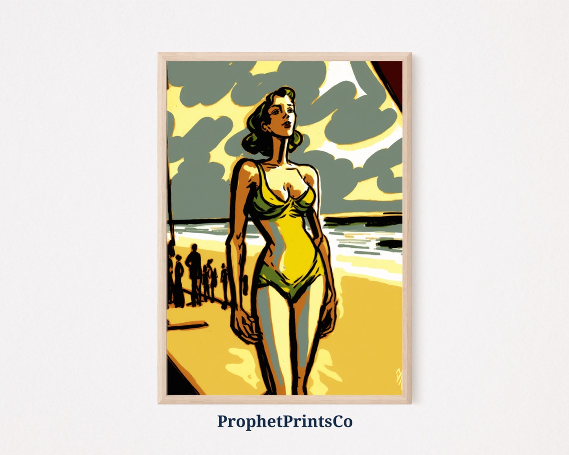Woman In Yellow Swimsuit Walking On Beach Retro Pop Art Poster