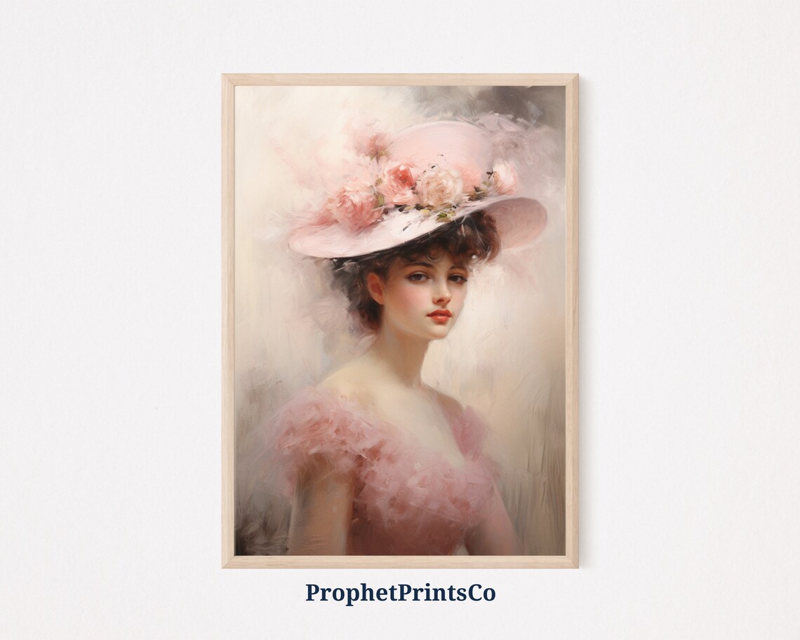 Lady in Pink Floral Hat Blush Tulle Pastel Portrait Painting Poster
