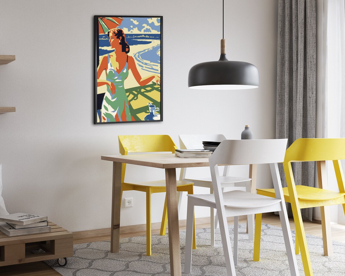 Woman In Sundress At Seaside Cafe With Ocean View Pop Poster - Image 2