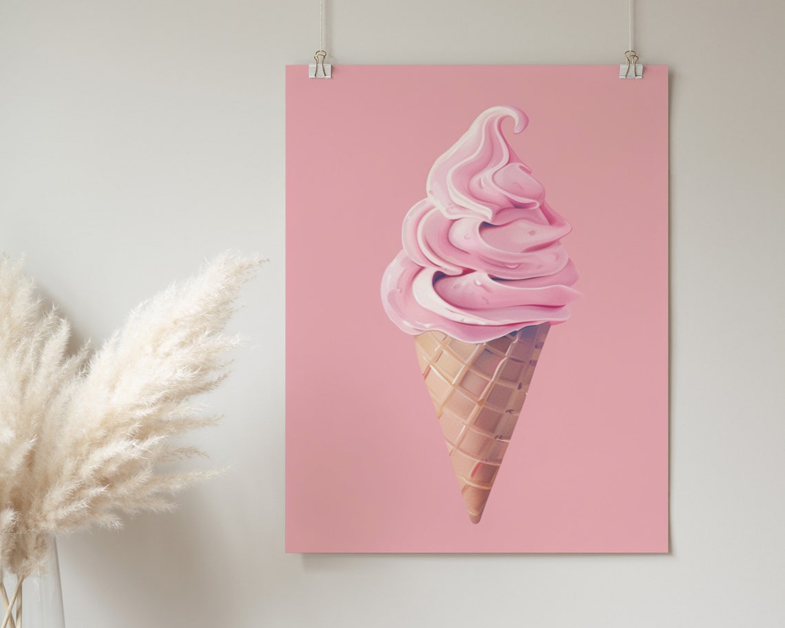 Pink Strawberry Soft Serve Ice Cream Cone Pastel Dessert Art Poster - Image 2
