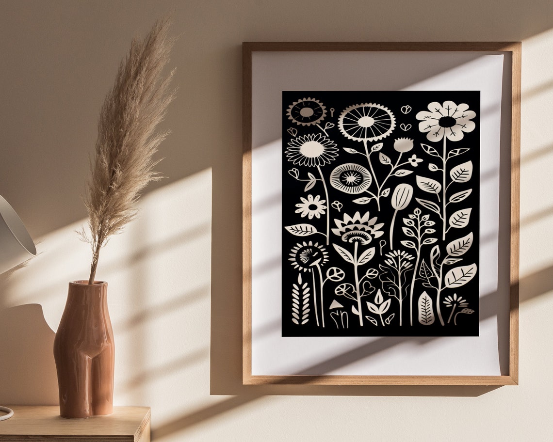 Black And White Wildflower Folk Meadow Pattern Boho Art Poster - Image 4