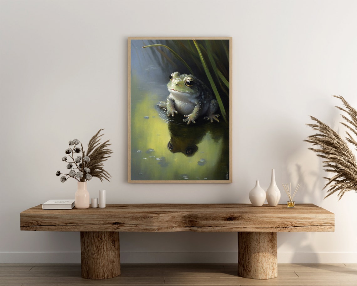 Cute Frog Resting On Pond Water Reflection Among Reeds Nature Poster - Image 3