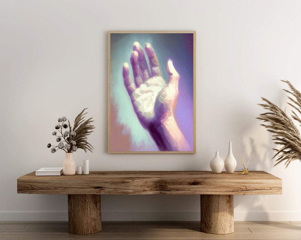 Hand Reaching Up in Soft Gentle Lavender Light Oil Painting Poster - Image 3