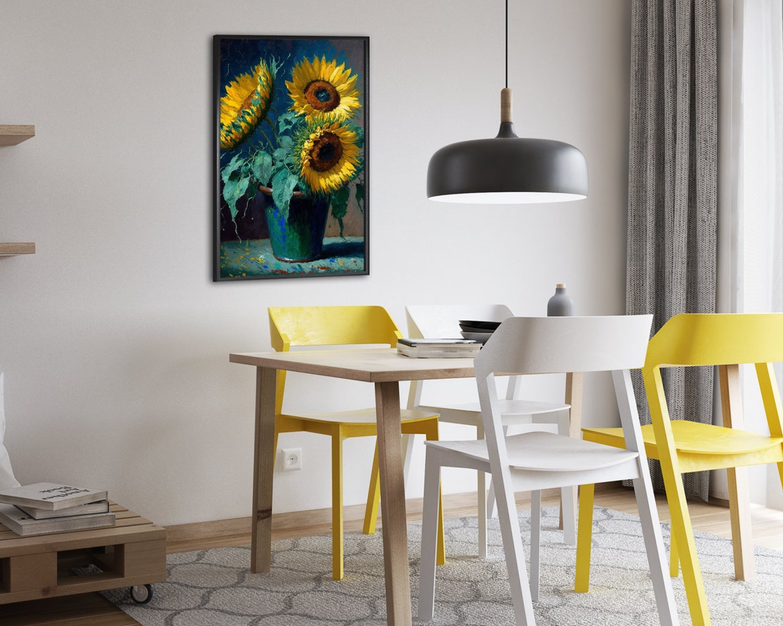Sunflowers in Green Vase Poster Three Blooms Still Life Oil Artwork - Image 2