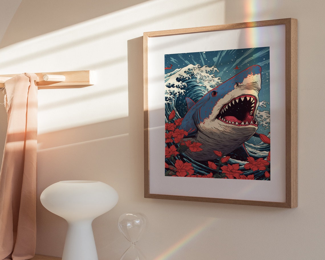 Great White Shark With Wave And Flowers Japanese Pop Art Poster - Image 3