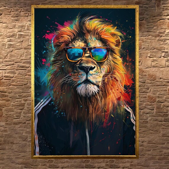 Colorful Lion With Cool Sunglasses Splash Paint Pop Art Poster