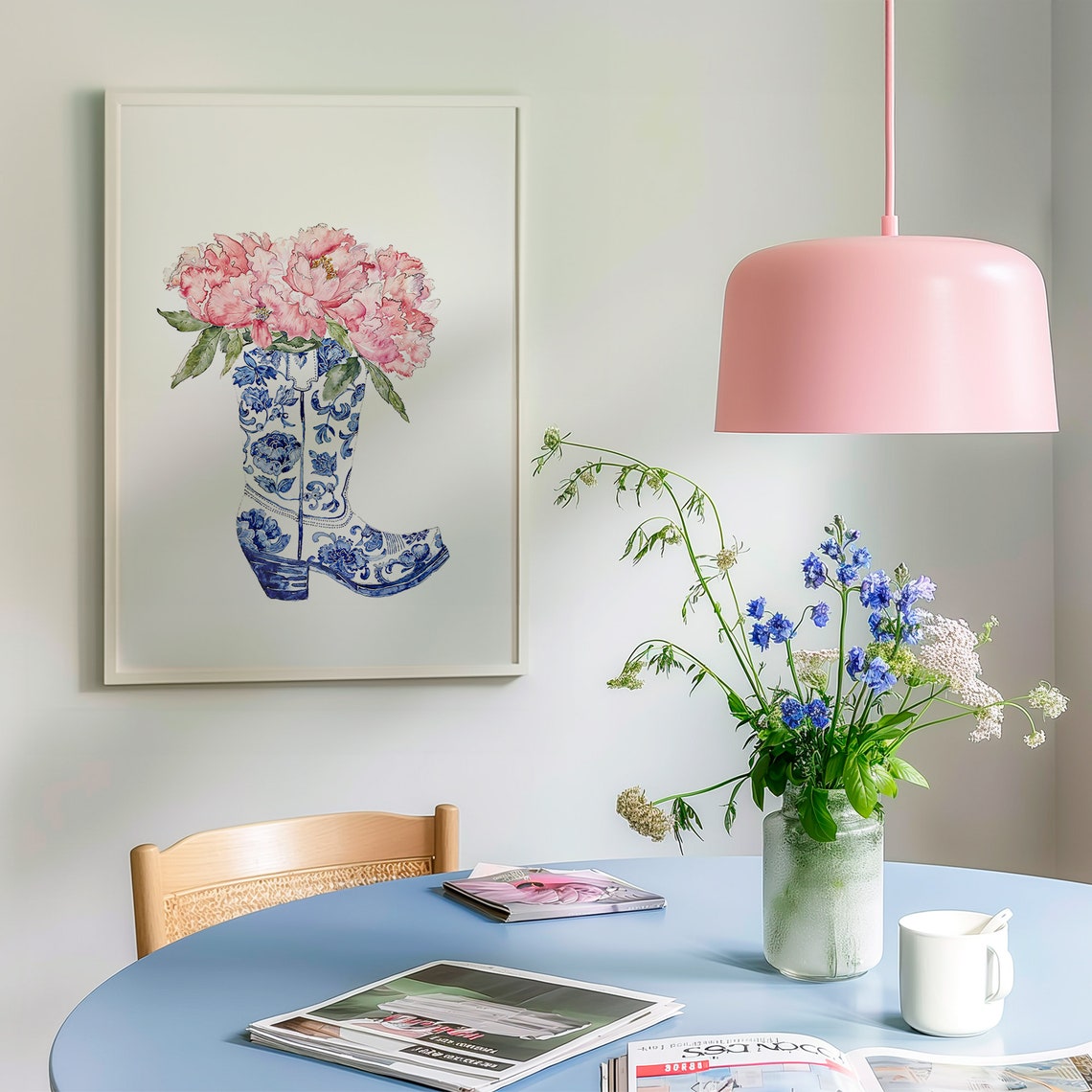 Coastal Cowgirl Blue Floral Cowboy Boot Pink Peony Art Poster - Image 3