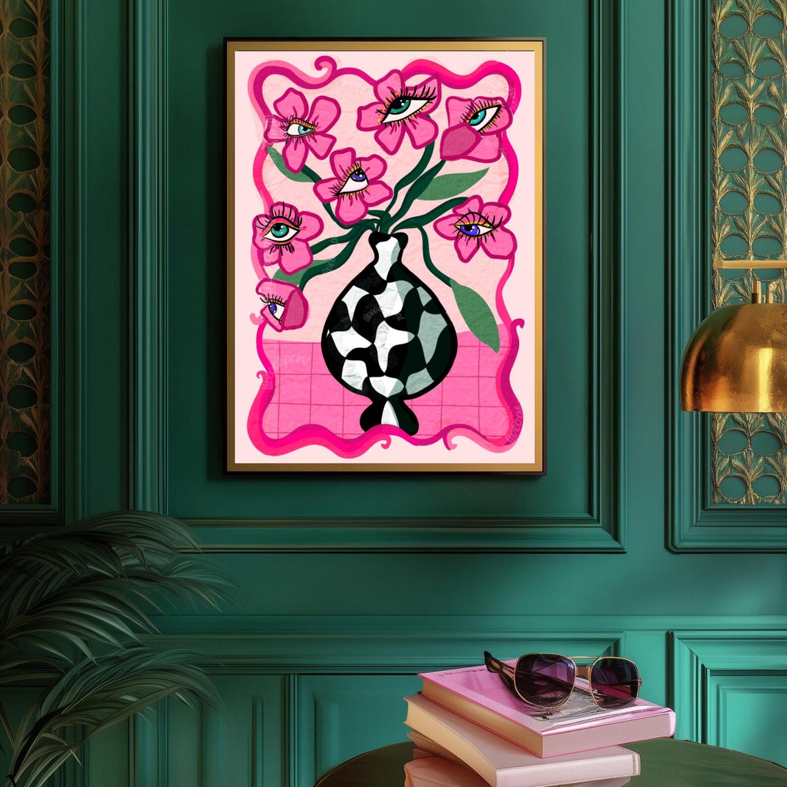 Pink Eyeball Flowers Checkerboard Vase Trippy Maximalist Poster Art