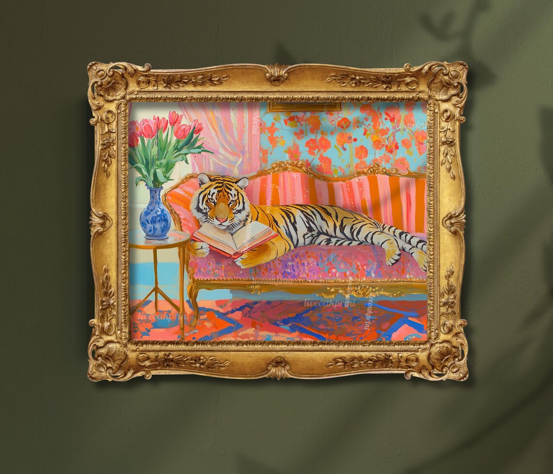 Tiger Reading in Bed, Maximalist Wall Art Print - Image 2