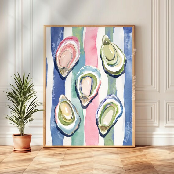 Five Watercolor Oysters on Pastel Stripes Coastal Art Poster